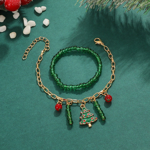Handmade Alloy Crystal Beaded Christmas Bracelet With Tree Snowman And Love Charms Festive Jewelry For Women