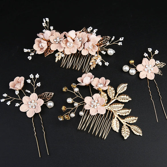 Handmade Alloy Golden Leaf Updo Hair Comb Bridal Headdress Flower Comb Hair Accessories For Women