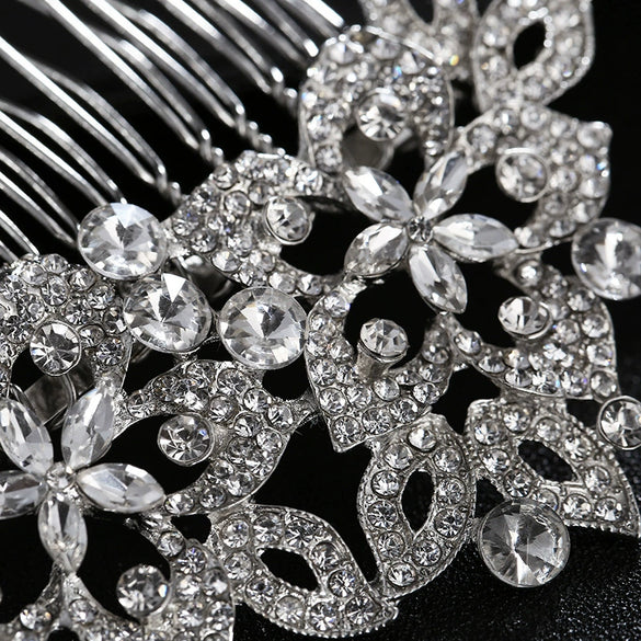Handmade Alloy Rhinestone Leaf And Flower Hair Comb Elegant Bridal Hair Jewelry For Women