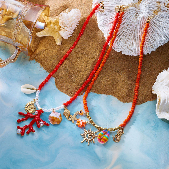 Handmade Animal Zodiac Alloy And Zinc Alloy Conch Coral Beaded Necklace For Women