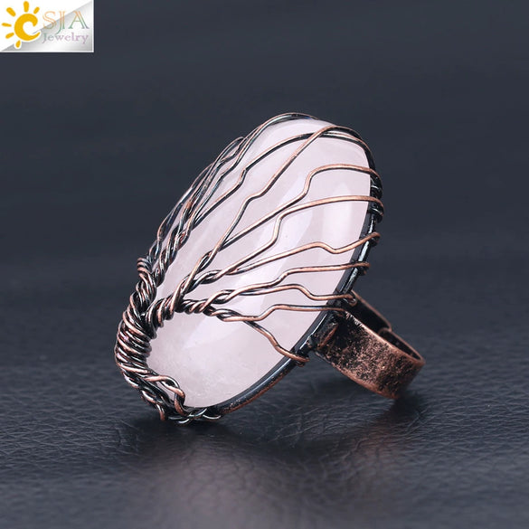 Handmade Antique Copper Tree Of Life Adjustable Ring With Natural Stone Single Gem Winding Design Minimalist Unisex Jewelry
