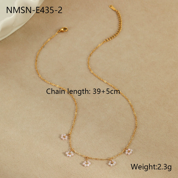 Handmade Beaded Flower Stainless Steel Geometric Necklace For Women With Electroplating Fashion Style