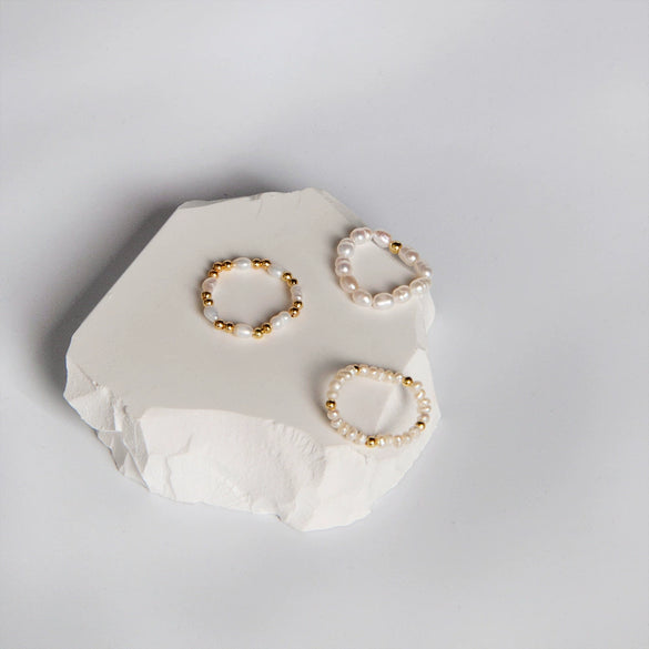 Handmade Beaded Freshwater Pearl Ring For Women Copper Geometric Electroplated Jewelry