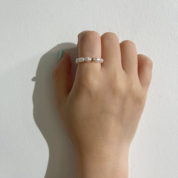 Handmade Beaded Freshwater Pearl Ring For Women Copper Geometric Electroplated Jewelry