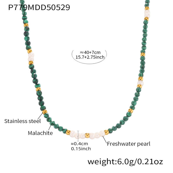 Handmade Beaded Malachite Natural Freshwater Pearl Clavicle Necklace For Women Geometric Style Stainless Steel Titanium Steel Electroplating