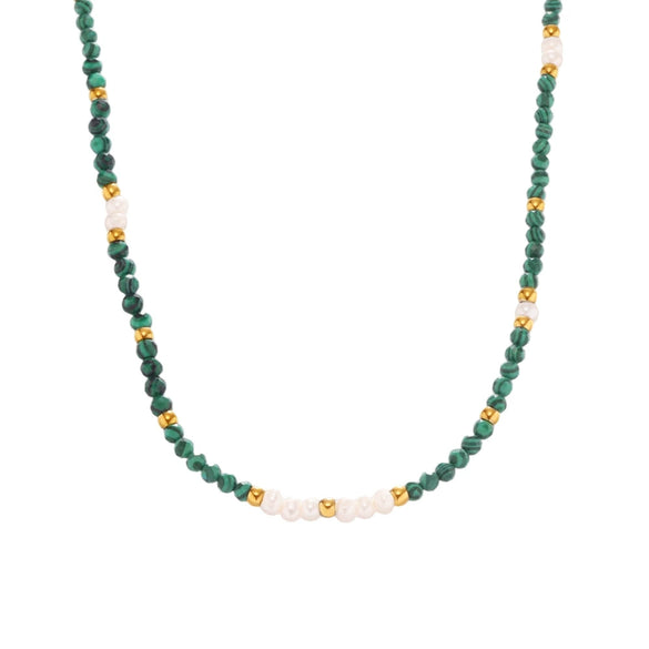 Handmade Beaded Malachite Natural Freshwater Pearl Clavicle Necklace For Women Geometric Style Stainless Steel Titanium Steel Electroplating