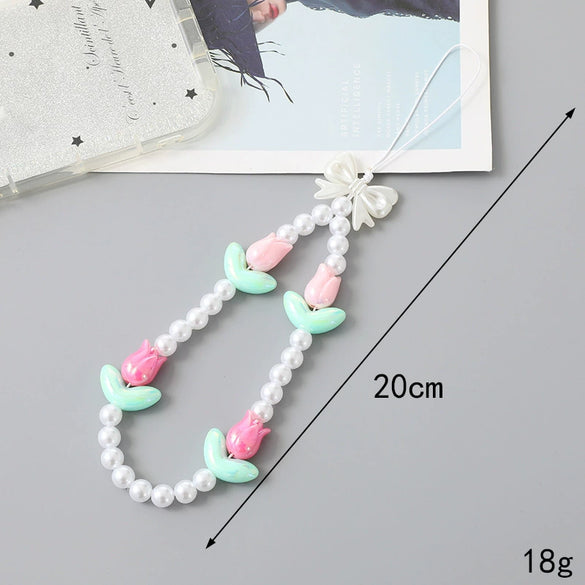 Handmade Beaded Mobile Phone Chain With Bow And Tulip Patterns