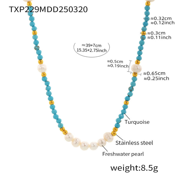 Handmade Beaded Necklace And Bracelet With Turquoise And Natural Pearl Electroplated Light Luxury Style