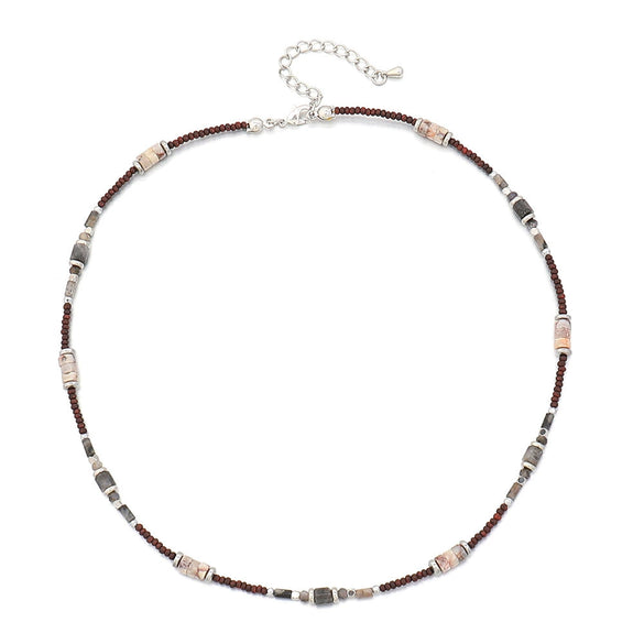 Handmade Beaded Necklace With Rice Beads And Natural Stone Geometric Style Allmatch For Women