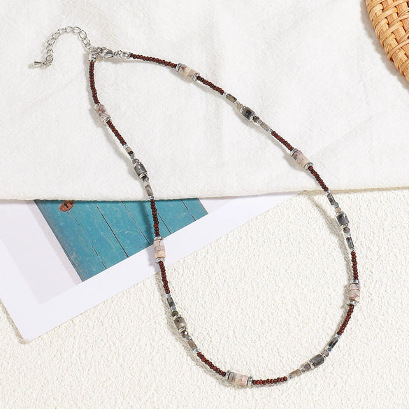 Handmade Beaded Necklace With Rice Beads And Natural Stone Geometric Style Allmatch For Women