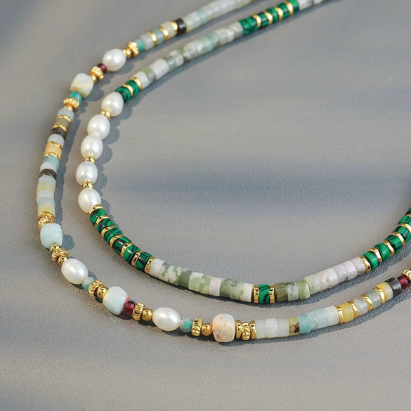Handmade Beaded Necklace With Stone Freshwater Pearl Natural Stone Malachite Geometric Pattern Retro Style For Women