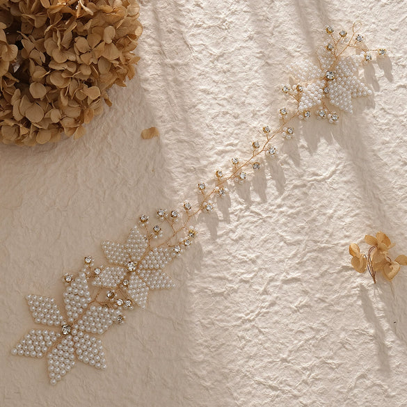 Handmade Beaded Pearl Flower Headband For Women's Bridal Headwear