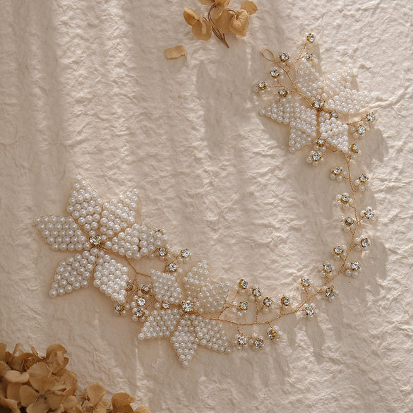 Handmade Beaded Pearl Flower Headband For Women's Bridal Headwear