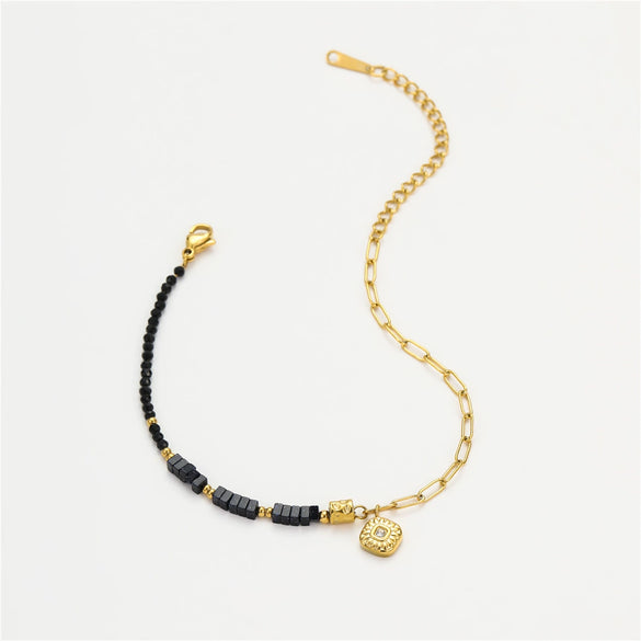 Handmade Beaded Stainless Steel Square Geometric Zircon Adjustable Women's Bracelet Electroplated