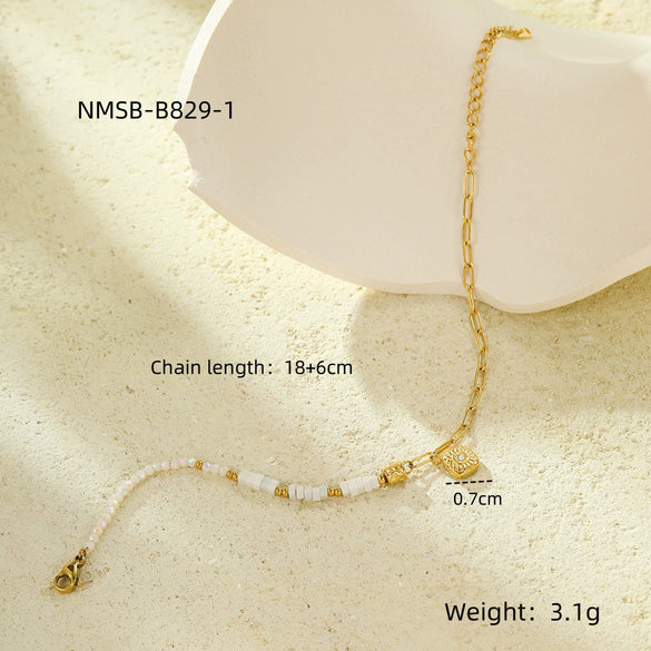 Handmade Beaded Stainless Steel Square Geometric Zircon Adjustable Women's Bracelet Electroplated