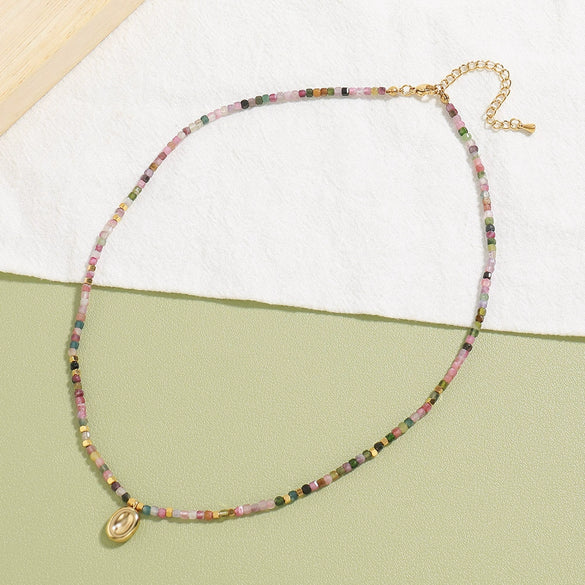 Handmade Beaded Tourmaline Natural Stone Necklace With Stainless Steel And Titanium Steel Pendant Geometric Design For Women