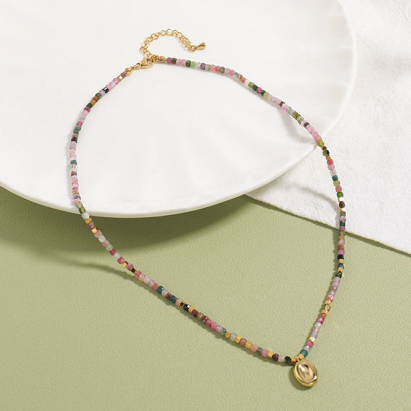 Handmade Beaded Tourmaline Natural Stone Necklace With Stainless Steel And Titanium Steel Pendant Geometric Design For Women