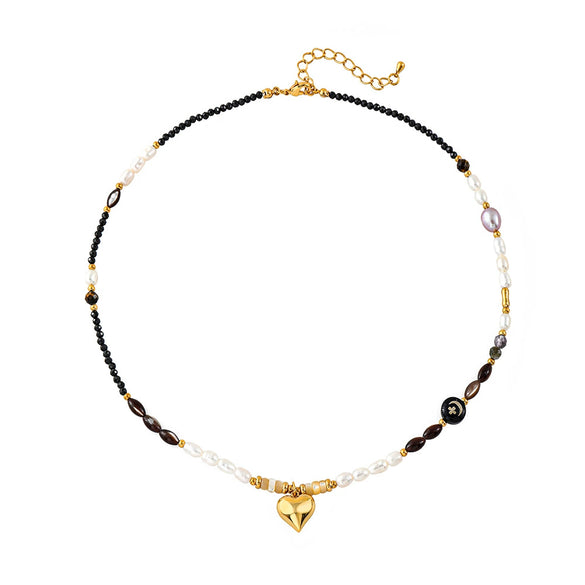 Handmade Black Spinel And Freshwater Pearl Geometric Pendant Necklace For Women