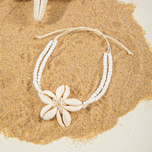 Handmade Bohemian Beach Rice Beads And Shell Woven Geometric Anklet For Women