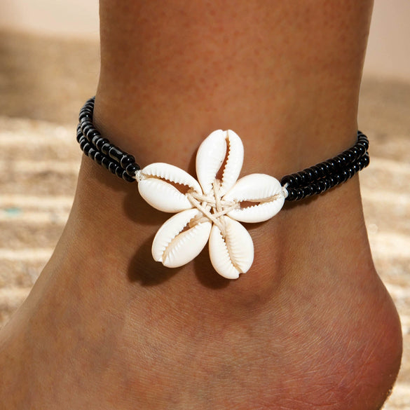 Handmade Bohemian Beach Rice Beads And Shell Woven Geometric Anklet For Women