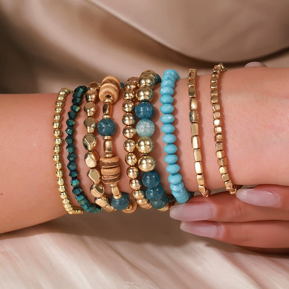 Handmade Bohemian Style Colorful Wooden And Glass Bead Bracelet Set With Geometric Pattern For Unisex