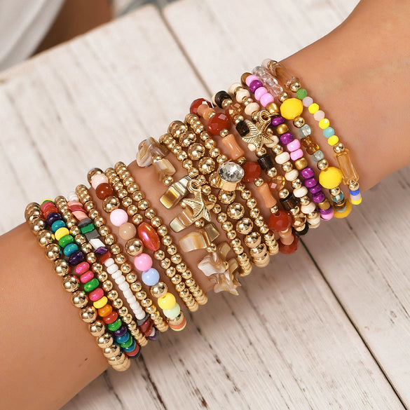 Handmade Bohemian Style Colorful Wooden And Glass Bead Bracelet Set With Geometric Pattern For Unisex