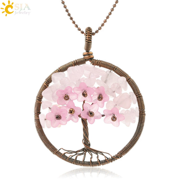 Handmade Bronze Plated Alloy Tree Pendant Necklace With Amethyst Crystal And Ball Chain For Women Minimalist Wound Flower Jewelry