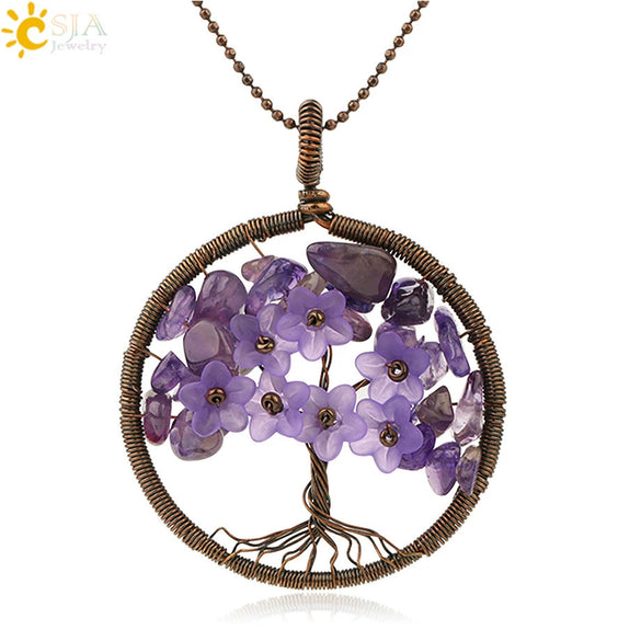 Handmade Bronze Plated Alloy Tree Pendant Necklace With Amethyst Crystal And Ball Chain For Women Minimalist Wound Flower Jewelry