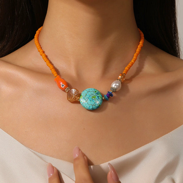 Handmade Ceramic Rice Beads Stone Alloy Acrylic Geometric Fish Bead O Word Chain Clavicle Necklace For Unisex
