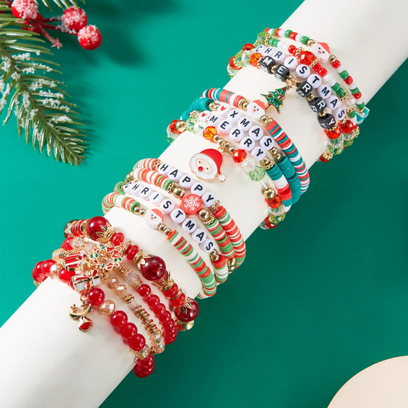 Handmade Christmas Combination Bracelet With Polymer Clay Beads And Cartoon Characters