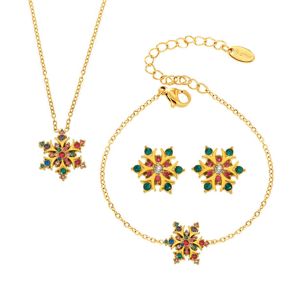 Handmade Christmas Snowflake Inlaid Zircon Stainless Steel Light Luxury Necklace Earrings Bracelet Suit For Women With Electroplating