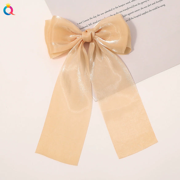 Handmade Cloth Bow Hair Clip With Long Ribbon Detail Duckbill Side Clip Hair Accessory For Women