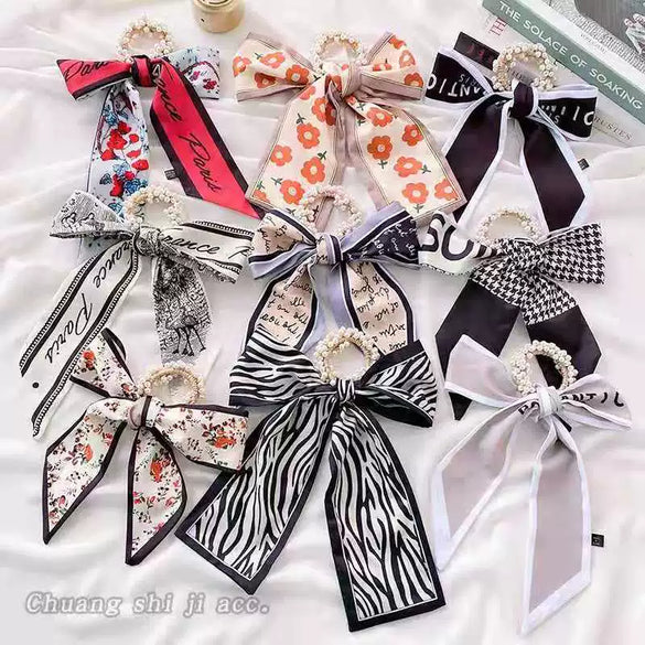 Handmade Cloth Bow Ribbon Pearl Hair Tie Hair Band Scarf Style Head Accessory For Women