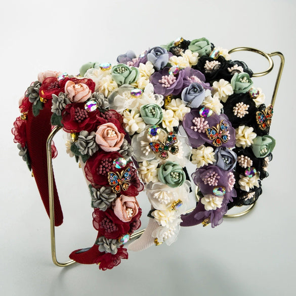 Handmade Cloth Flower Rhinestone Headband For Women In Baroque Fashion Style