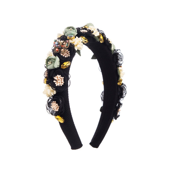Handmade Cloth Flower Rhinestone Headband For Women In Baroque Fashion Style