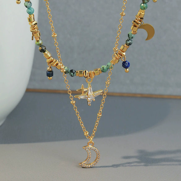 Handmade Copper Alloy Bohemian Geometric Beaded Necklace With Moon Pendant