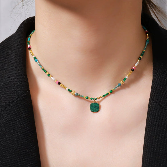 Handmade Copper Geometric Clavicle Chain With Natural Turquoise And Freshwater Pearl Necklace Jewelry For Women