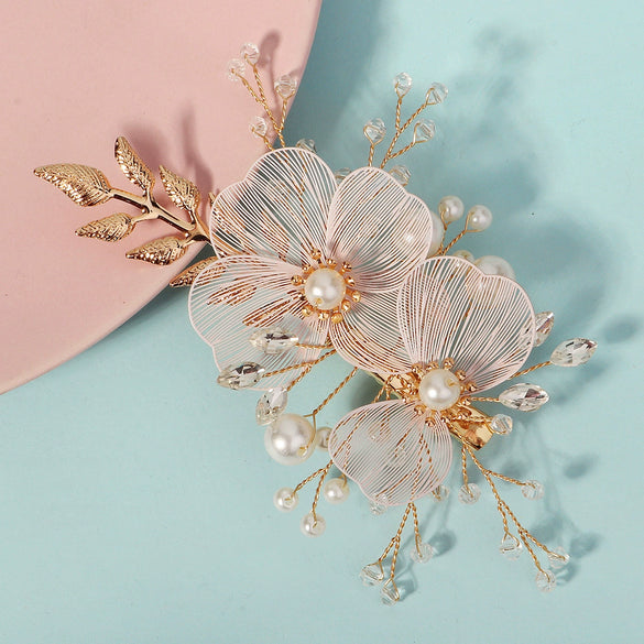 Handmade Copper Pearl Floral Headband Retro Gold Petal Hair Accessory For Women Bridal Wedding Xiuhe Dress Headwear