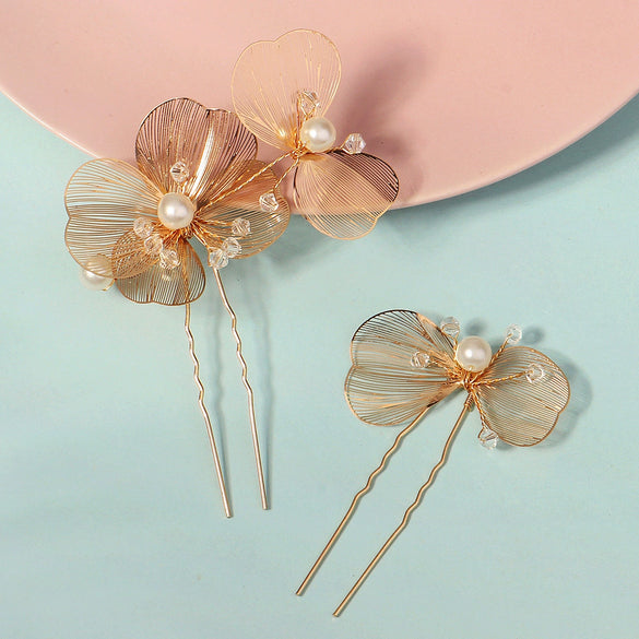 Handmade Copper Pearl Floral Headband Retro Gold Petal Hair Accessory For Women Bridal Wedding Xiuhe Dress Headwear