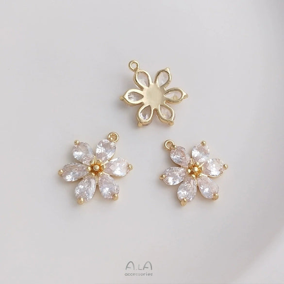 Handmade Copper Pendant With Natural Zircon Daisy Flower Double Hanging Design In Electroplated Gold Color For Diy Jewelry Making