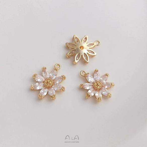 Handmade Copper Pendant With Natural Zircon Daisy Flower Double Hanging Design In Electroplated Gold Color For Diy Jewelry Making