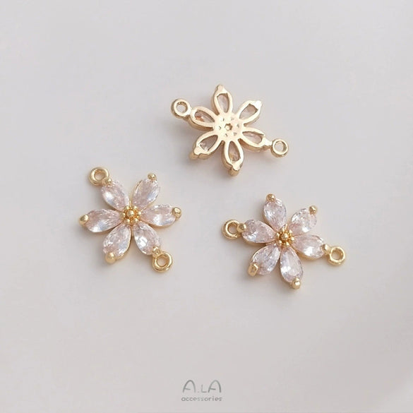 Handmade Copper Pendant With Natural Zircon Daisy Flower Double Hanging Design In Electroplated Gold Color For Diy Jewelry Making