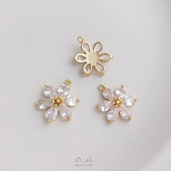 Handmade Copper Pendant With Natural Zircon Daisy Flower Double Hanging Design In Electroplated Gold Color For Diy Jewelry Making