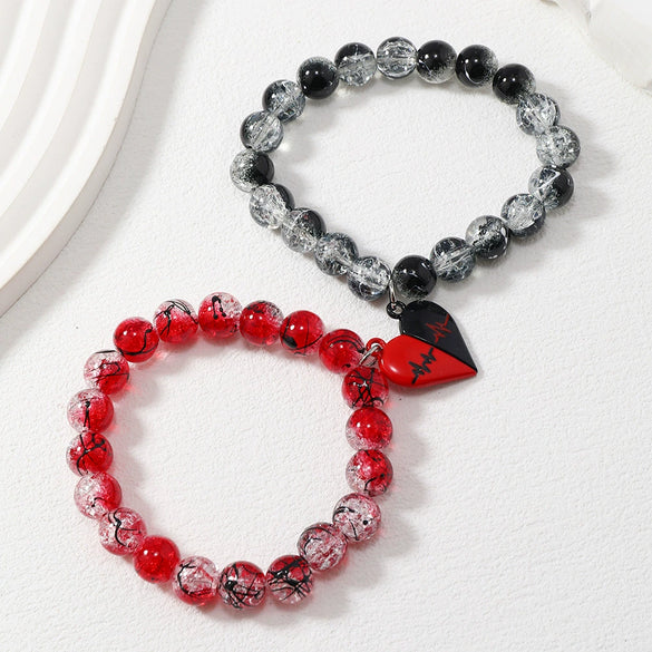 Handmade Couple Glass Bead Bracelet With Cortex Material And Heart Pattern