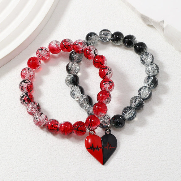 Handmade Couple Glass Bead Bracelet With Cortex Material And Heart Pattern