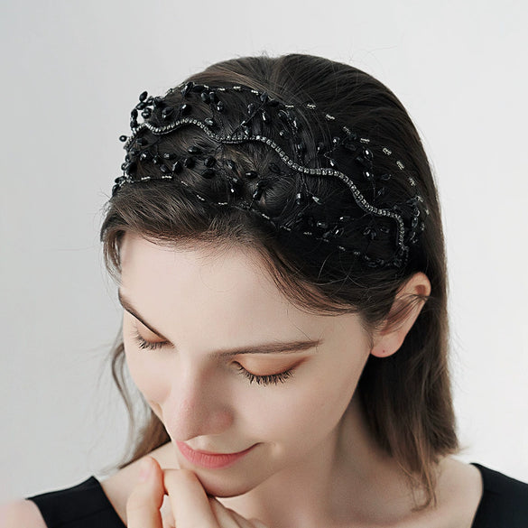 Handmade Crystal Beaded Bridal Crown Wedding Headpiece Mesh Hair Band Fashion Headwear