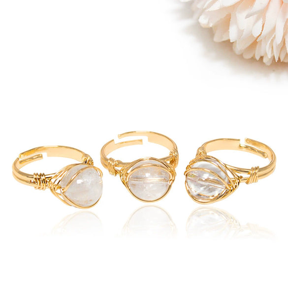 Handmade Crystal Raw Stone Winding Ring With Gold Plated Adjustable Drop Shape Geometric Design For Unisex Jewelry