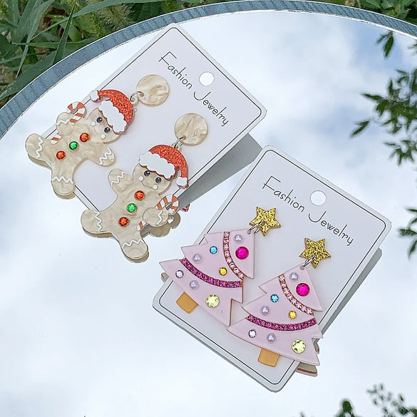 Handmade Diy Christmas Earrings With Acrylic Christmas Tree And Gingerbread Man Pendant