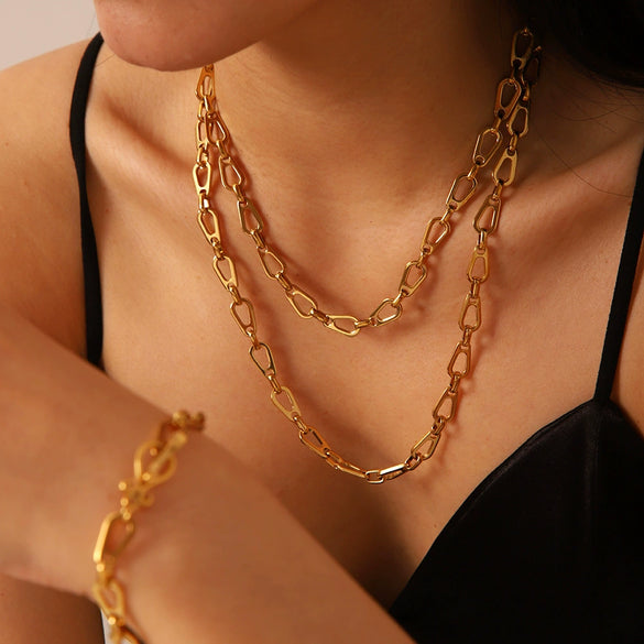 Handmade Doublelayer Stacked Drop Unisex Stainless Steel Handcuff Bracelet And Necklace Set With Pvd Furnace Real Gold Electroplating Light Luxury Style