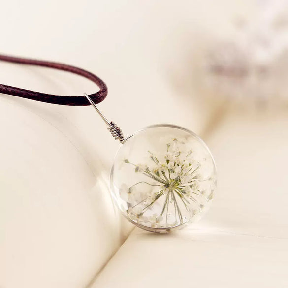 Handmade Dried Dandelion Flower Glass Ball Pendant Leather Rope Necklace For Women